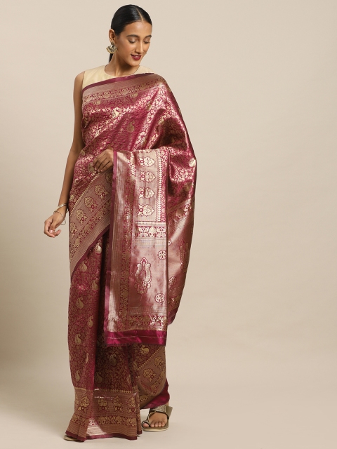 

MIRCHI FASHION Pink & Gold-Toned Silk Blend Woven Design Kanjeevaram Saree