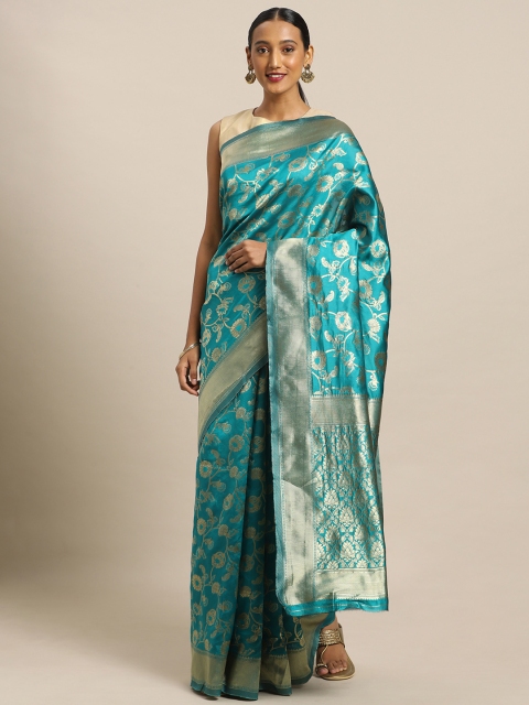 

Mirchi Fashion Teal & Gold-Toned Silk Blend Woven Design Kanjeevaram Saree