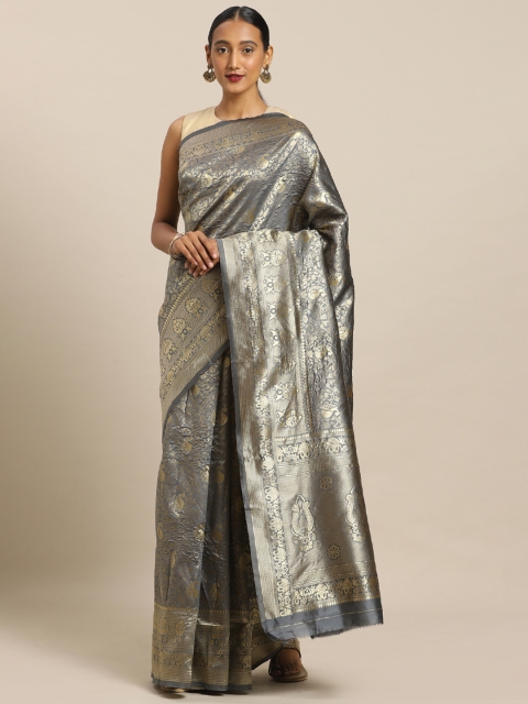 

Mirchi Fashion Grey & Gold-Toned Silk Blend Woven Design Kanjeevaram Saree