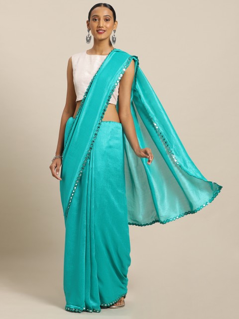 

Mirchi Fashion Teal & Silver-Toned Silk Blend Solid Saree