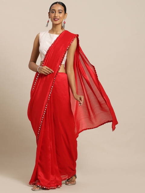 

MIRCHI FASHION Red Solid Silk Blend Saree with Mirror Work Detail