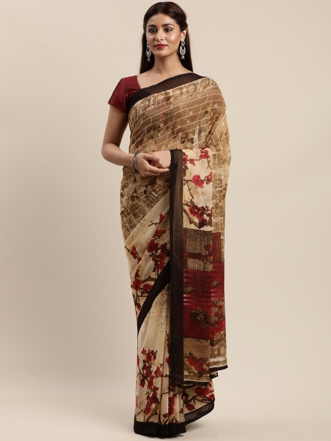 

MIRCHI FASHION Cream-Coloured & Maroon Poly Georgette Printed Saree