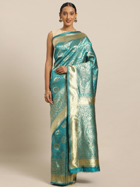 

Mirchi Fashion Teal & Gold-Toned Silk Blend Woven Design Kanjeevaram Saree