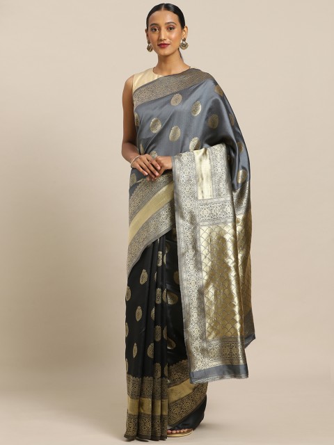 

Mirchi Fashion Grey & Gold-Toned Silk Blend Woven Design Kanjeevaram Saree