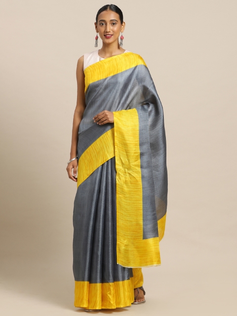 

Mirchi Fashion Grey & Yellow Art Silk Solid Khadi Saree
