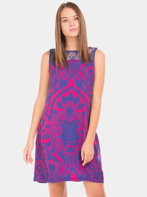 

Bronz Women Blue & Pink Printed A-Line Dress