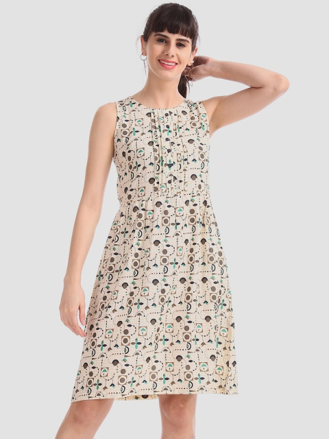 

Bronz Women Beige & Brown Printed A-Line Dress
