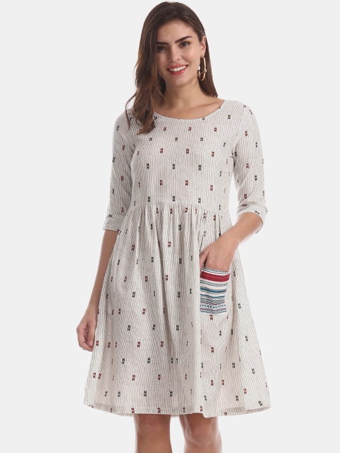 

Bronz Women White & Grey Printed A-Line Dress