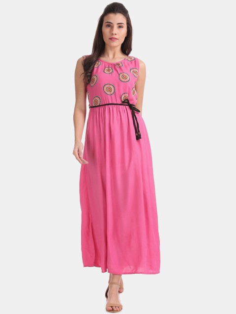 

Bronz Women Pink & White Printed Maxi Dress With Belt