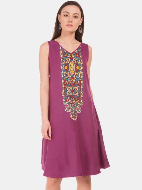 

Bronz Women Purple & Yellow Printed A-Line Dress