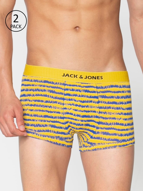 

Jack & Jones Men Pack Of 2 Yellow & Navy Blue Striped Brazilian Trunks