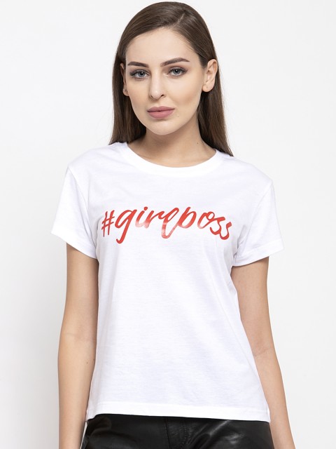 

THE SILHOUETTE STORE Women White Printed Round Neck T-shirt