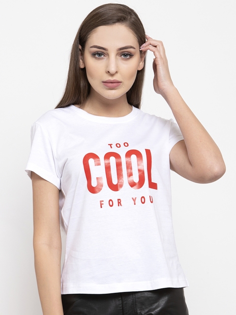

THE SILHOUETTE STORE Women White Printed Round Neck T-shirt