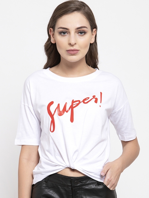 

THE SILHOUETTE STORE Women White Printed Round Neck T-shirt With Twisted Detailing