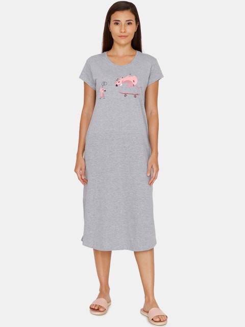

Zivame Women Grey Melange Graphic Print Pure Cotton Sleep Shirt