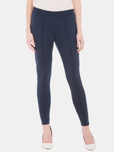 

Cherokee Women Navy Blue Solid Pintucked Treggings