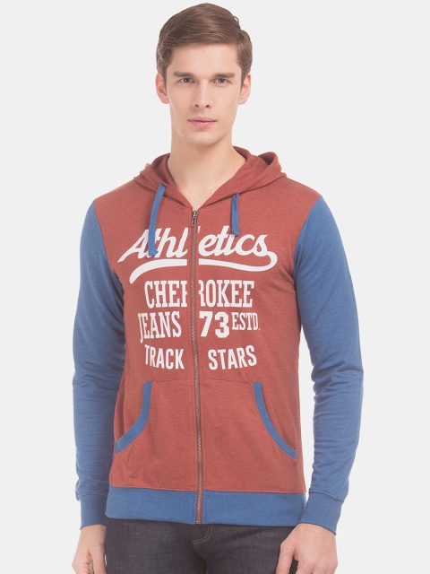 

Cherokee Men Rust Brown & Blue Colourblocked Hooded Sweatshirt