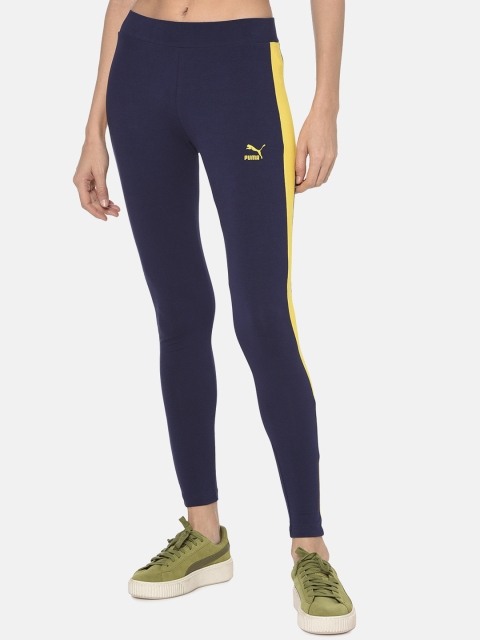 

Puma Women Navy Blue & Yellow Solid Classics Logo T7 Tights
