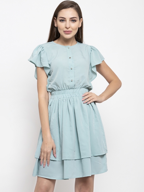 

THE SILHOUETTE STORE Women Blue Solid Fit and Flare Layered Dress