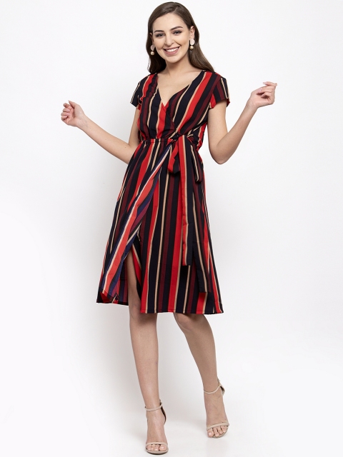 

THE SILHOUETTE STORE Women Red & Black Striped Wrap Dress