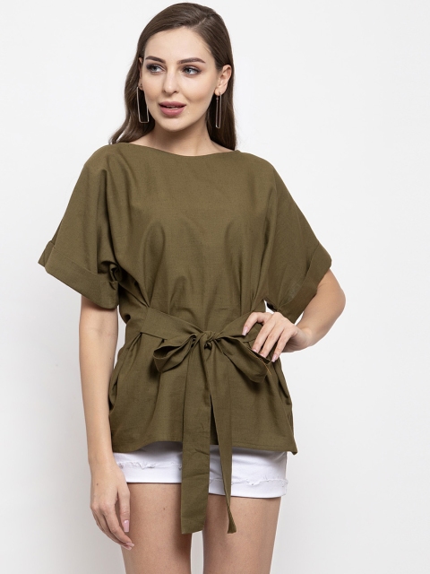 

THE SILHOUETTE STORE Women Olive Green Solid Pure Cotton Top