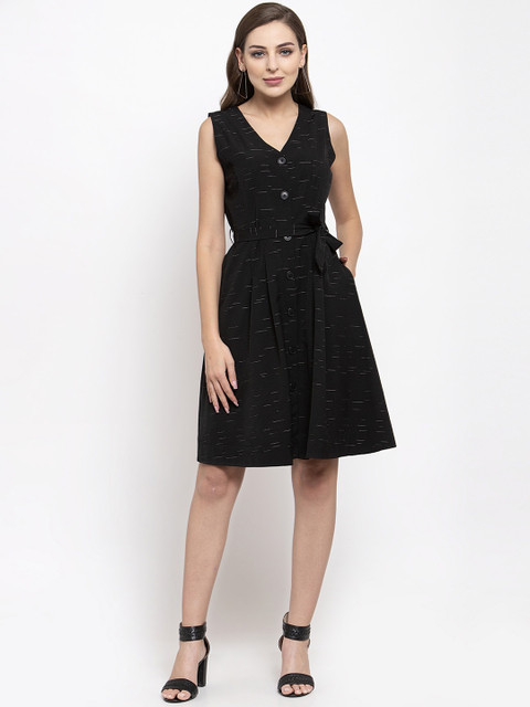 

THE SILHOUETTE STORE Women Black Striped Fit and Flare Dress