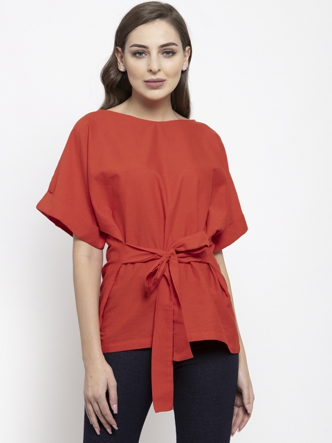 

THE SILHOUETTE STORE Women Red Solid Tie-Up Cinched Waist Pure Cotton Top