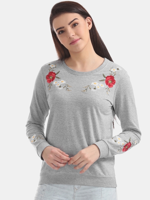 

Cherokee Women Grey Floral Appliqued Sweatshirt, Grey melange