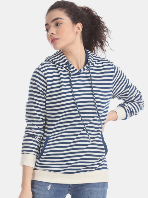 

Cherokee Women Navy Blue & White Striped Hooded Sweatshirt