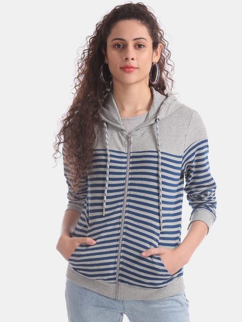 

Cherokee Women Grey & Blue Striped Hooded Sweatshirt