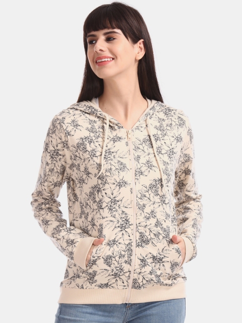 

Cherokee Women Cream Floral Print Hooded Sweatshirt