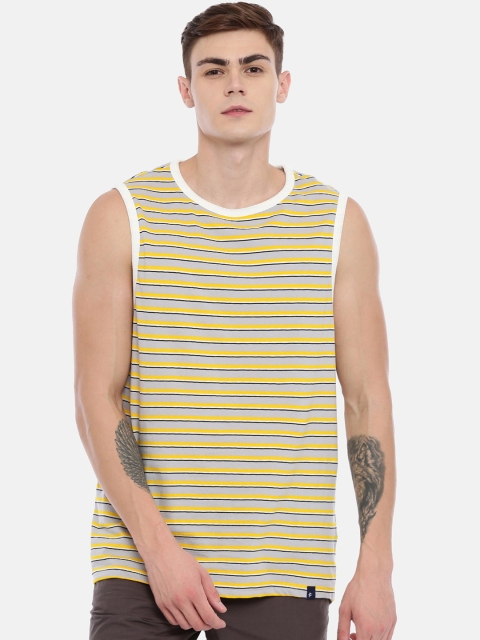 

Breakbounce Men Grey & Yellow Striped Round Neck T-shirt