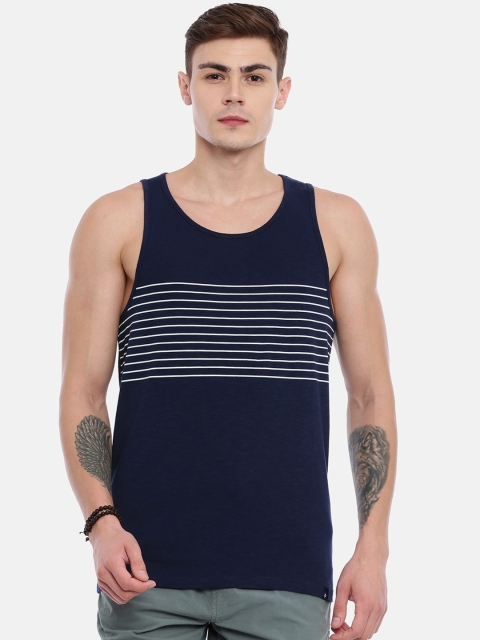 

Breakbounce Men Navy Blue & White Striped Slim Fit Round Neck T-shirt
