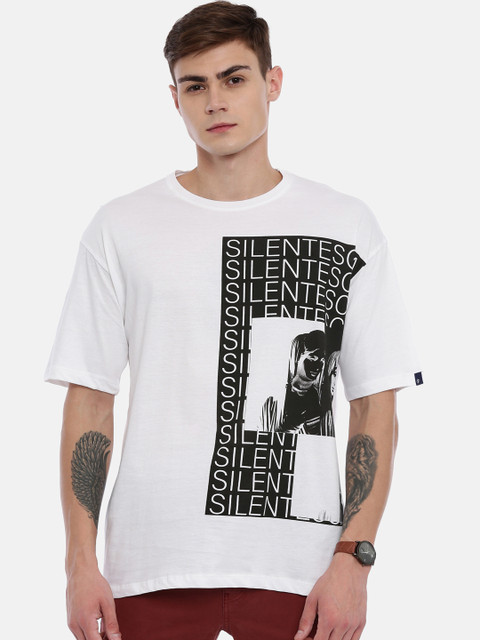 

Breakbounce Men White Black Printed Round Neck Pure Cotton T-shirt