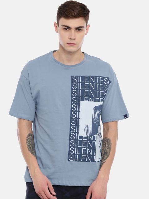 

Breakbounce Men Blue Printed Round Neck Pure Cotton T-shirt