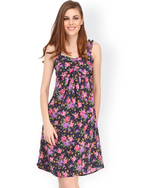 

Clovia Navy Floral Print Nightdress NS0508P08S, Navy blue