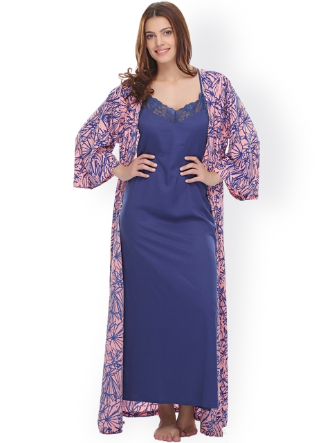 

Clovia Blue & Pink Maxi Nightdress with Robe NS0546P22S