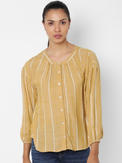 

AMERICAN EAGLE OUTFITTERS Women Mustard Yellow & White Striped Shirt Style Top