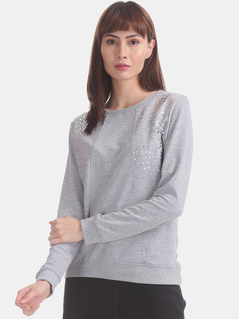 

Sugr Women Grey Foil Printed Panelled Sweatshirt
