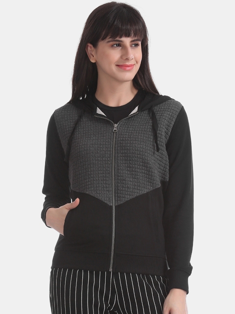 

Sugr Women Charcoal Grey & Black Colourblocked Hooded Sweatshirt