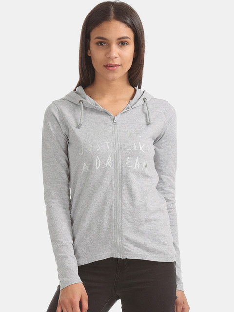 

Sugr Women Grey Solid Hooded Active Sweatshirt with printed Detail