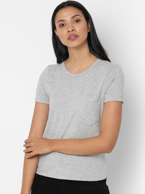 

AMERICAN EAGLE OUTFITTERS Women Grey Solid Round Neck T-shirt