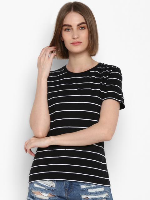 

Mode by Red Tape Women Black & White Striped Round Neck T-shirt
