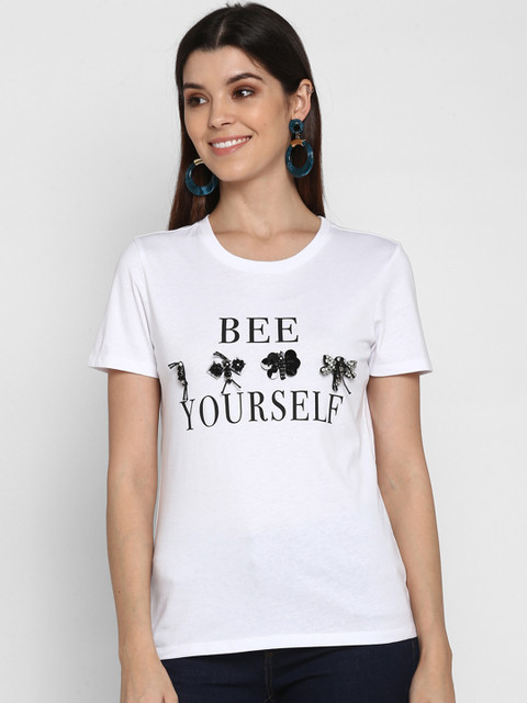 

Mode by Red Tape Women White Printed Round Neck Pure Cotton T-shirt