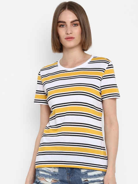 

Mode by Red Tape Women Yellow & White Striped Round Neck T-shirt
