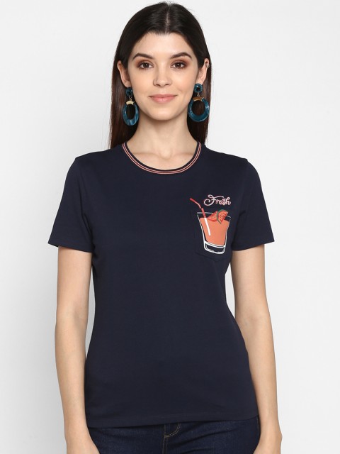 

Mode by Red Tape Women Navy Blue Printed Round Neck T-shirt