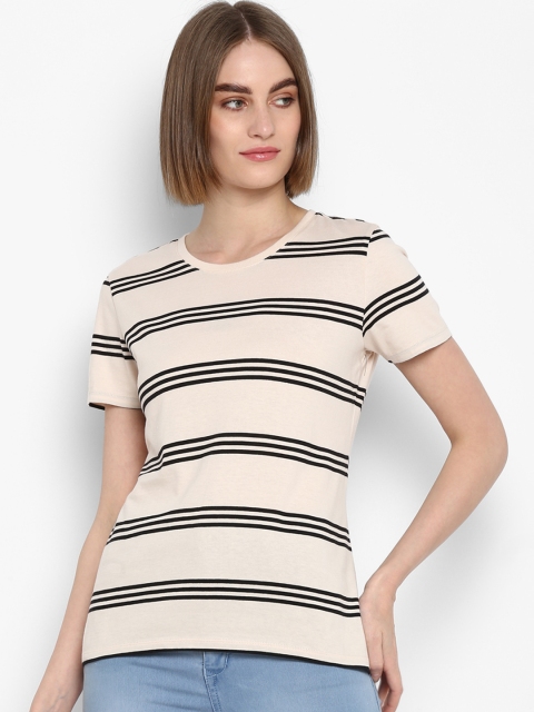 

Mode by Red Tape Women Beige & Black Striped Round Neck T-shirt