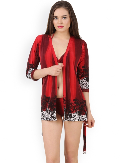 

Fasense Maroon Printed Lingerie Set with Robe FA057B1