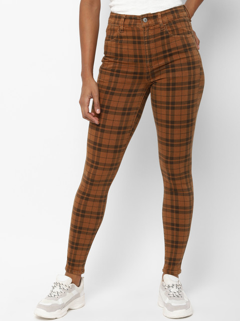 

AMERICAN EAGLE OUTFITTERS Women Brown Regular Fit Checked Regular Trousers