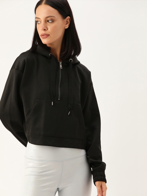 

FOREVER 21 Women Black Solid Hooded Sweatshirt